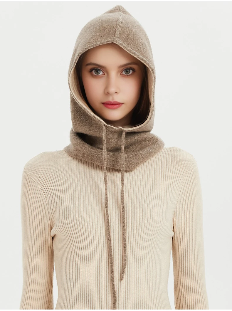 Unisex 100% Cashmere Balaclava Soft Warm Thick Drawstring Beanies Ear Face Neck Protect Scarf Hat Multi-functional Bonnet Cap - Image 2
