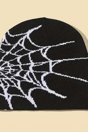 2023 New Goth Spider Web Jacquard Beanie Caps Y2K Knitted Warm Hip Hop Unisex Elastic Knit Hat Skull Cap For Women Men